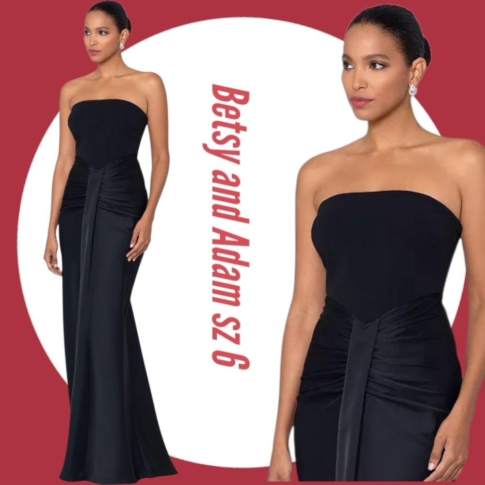 Betsy & Adam Black Strapless Ruched Satin Gown Maxi Dress Size 6 - Picture 3 of 12